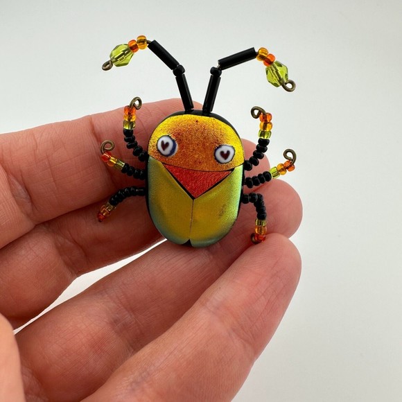 Multicolor Shimmery Dichroic Art Glass Beaded Scarab Bug Insect Brooch 1.5" OOAK - Picture 9 of 14
